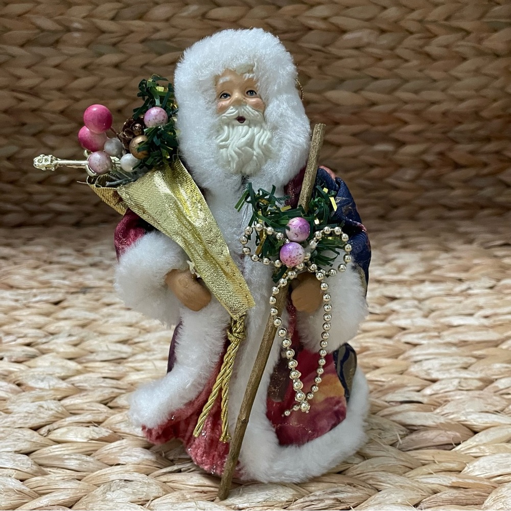 Vintage Santa Clause Christmas‎ Ornament / Tree Topper 6” Faux Fur Pink Blue